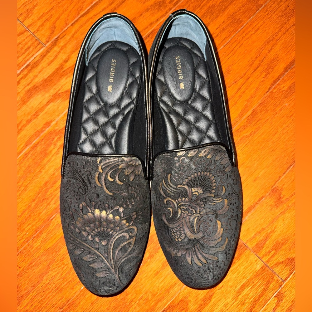 NWOB Birdies Starling Flat Black Floral Suede Loafers Women's Size 9 Slip On